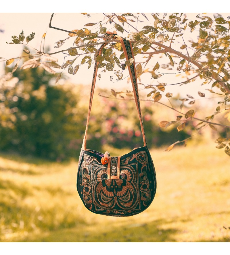Mocha bird pattern Miao embroidery crossbody bag