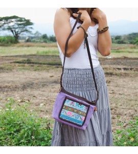 Purple crossbody bag with Miao hill tribe embroidery