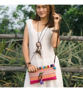 Miao Pom Pom Embroidery Clutch/Messenger Bag