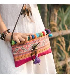 Miao Pom Pom Embroidery Clutch/Messenger Bag