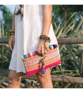 Miao Pom Pom Embroidery Clutch/Messenger Bag