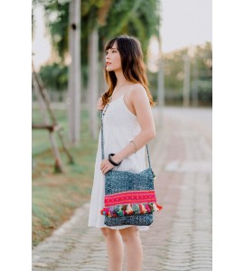 Grey Pom-Pom Tassel Crossbody Bag