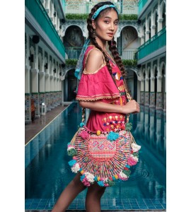 Crossbody bag with colorful pompoms