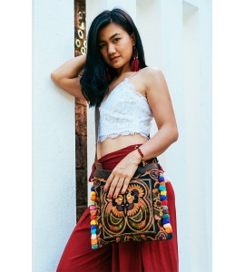 Mocha Bird Bohemian Crossbody Bag with Pom Pom