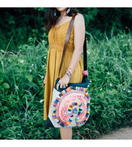 Large Vintage Crossbody Bag with Pom Pom