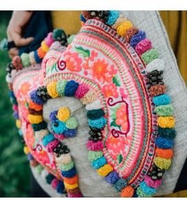 Large Vintage Crossbody Bag with Pom Pom