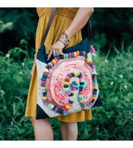 Large Vintage Crossbody Bag with Pom Pom