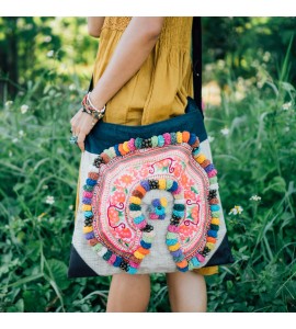 Large Vintage Crossbody Bag with Pom Pom