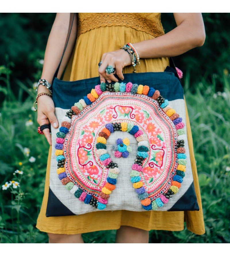 Large Vintage Crossbody Bag with Pom Pom