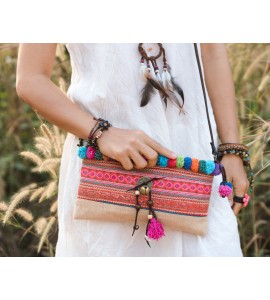 Bell button colorful pompom crossbody bag