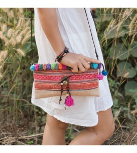 Bell button colorful pompom crossbody bag