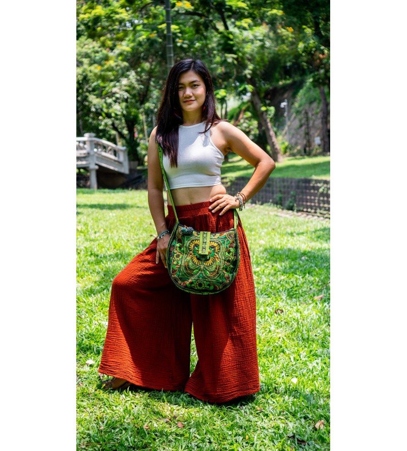 Green bird embroidered crossbody bag