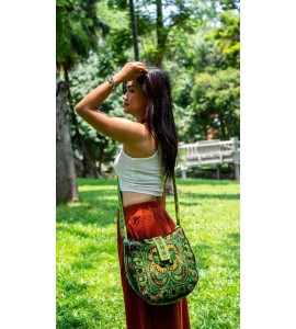 Green bird embroidered crossbody bag