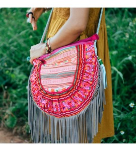 Pink Bohemian Leather Tassel Crossbody Bag