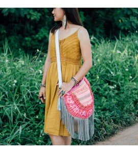 Pink Bohemian Leather Tassel Crossbody Bag