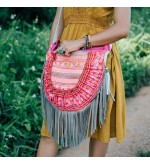 Pink Bohemian Leather Tassel Crossbody Bag