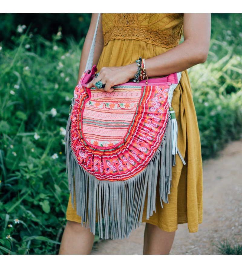 Pink Bohemian Leather Tassel Crossbody Bag