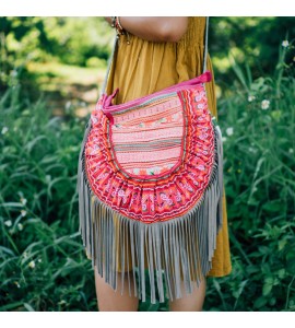 Pink Bohemian Leather Tassel Crossbody Bag