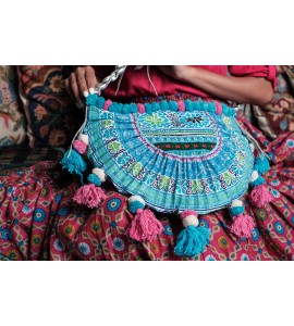 Blue Miao embroidery crossbody bag with pompoms