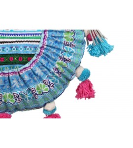 Blue Miao embroidery crossbody bag with pompoms