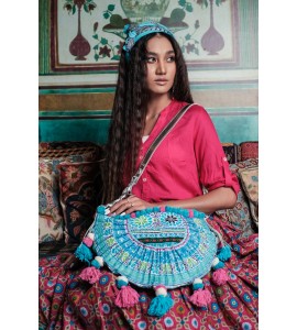 Blue Miao embroidery crossbody bag with pompoms