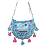 Blue Miao embroidery crossbody bag with pompoms