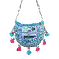 Blue Miao embroidery crossbody bag with pompoms