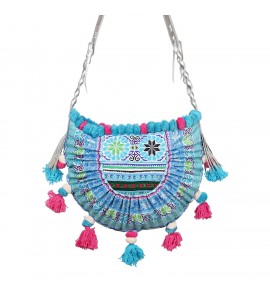 Blue Miao embroidery crossbody bag with pompoms