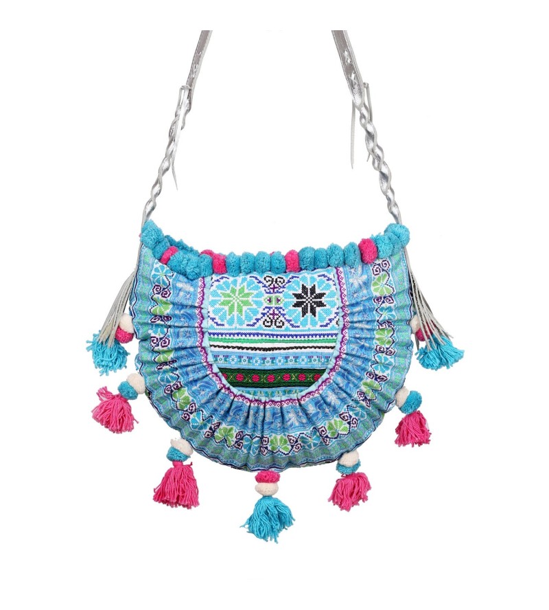 Blue Miao embroidery crossbody bag with pompoms