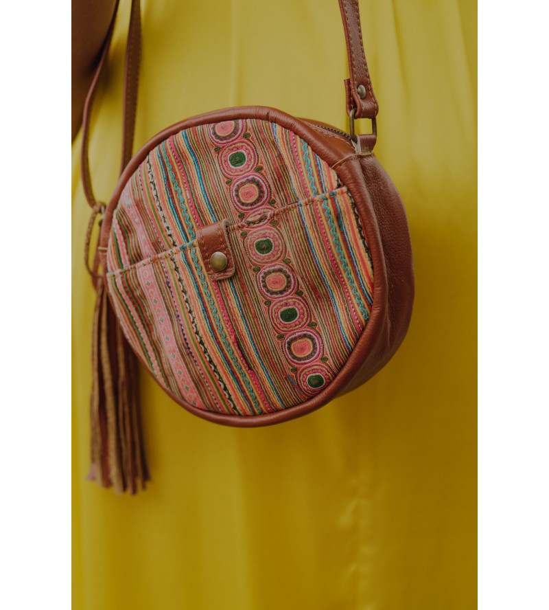 Miao embroidered round leather crossbody bag