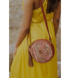 Miao embroidered round leather crossbody bag