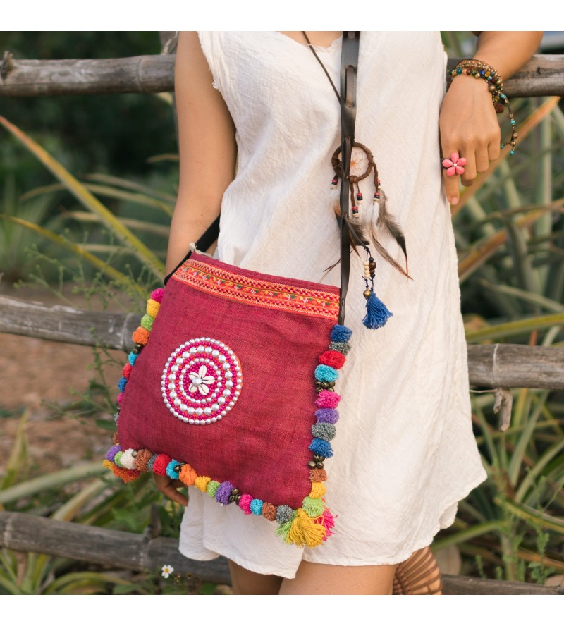 Red Linen Adjustable Strap Crossbody Bag