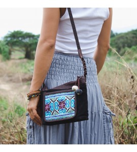 Black crossbody bag with blue pattern