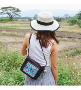 Black crossbody bag with blue pattern
