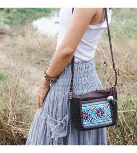 Black crossbody bag with blue pattern