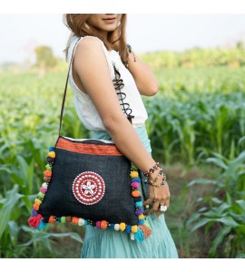 Linen Crossbody Bag with Colorful Pom Pom Trim