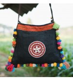 Linen Crossbody Bag with Colorful Pom Pom Trim