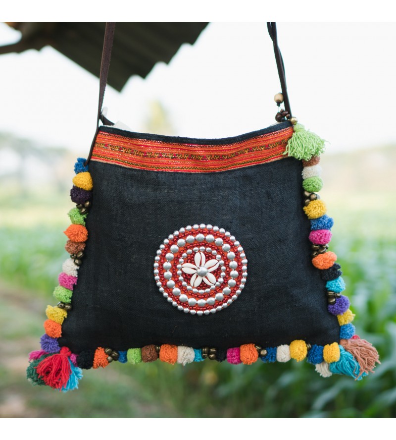 Linen Crossbody Bag with Colorful Pom Pom Trim