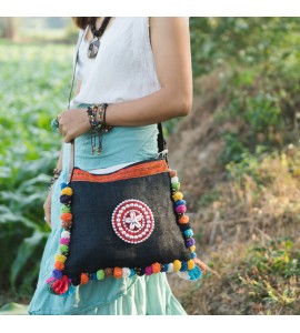 Linen Crossbody Bag with Colorful Pom Pom Trim