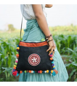 Linen Crossbody Bag with Colorful Pom Pom Trim