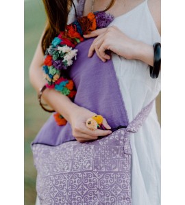 Purple vintage messenger bag with colorful tassels