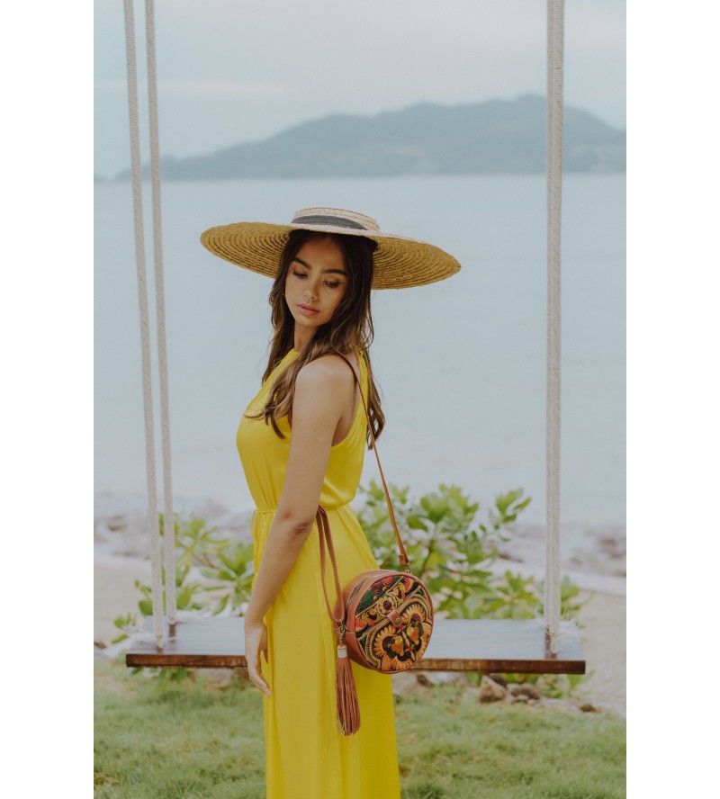 Leather Round Yellow Bird Crossbody Bag
