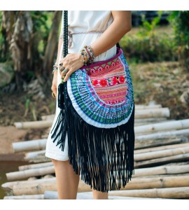 Scalloped Crossbody Bag with Black Tassels
