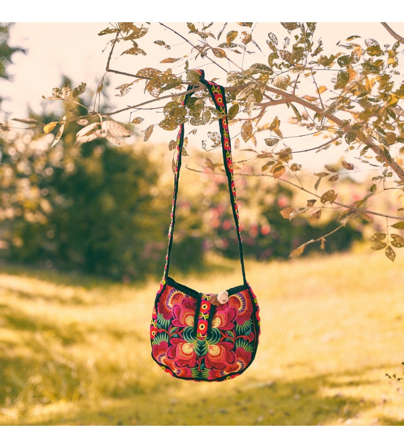 Red Flower Miao Round Crossbody Bag