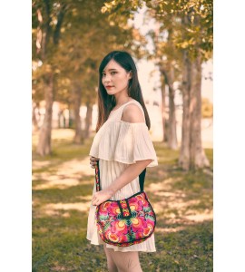 Red Flower Miao Round Crossbody Bag