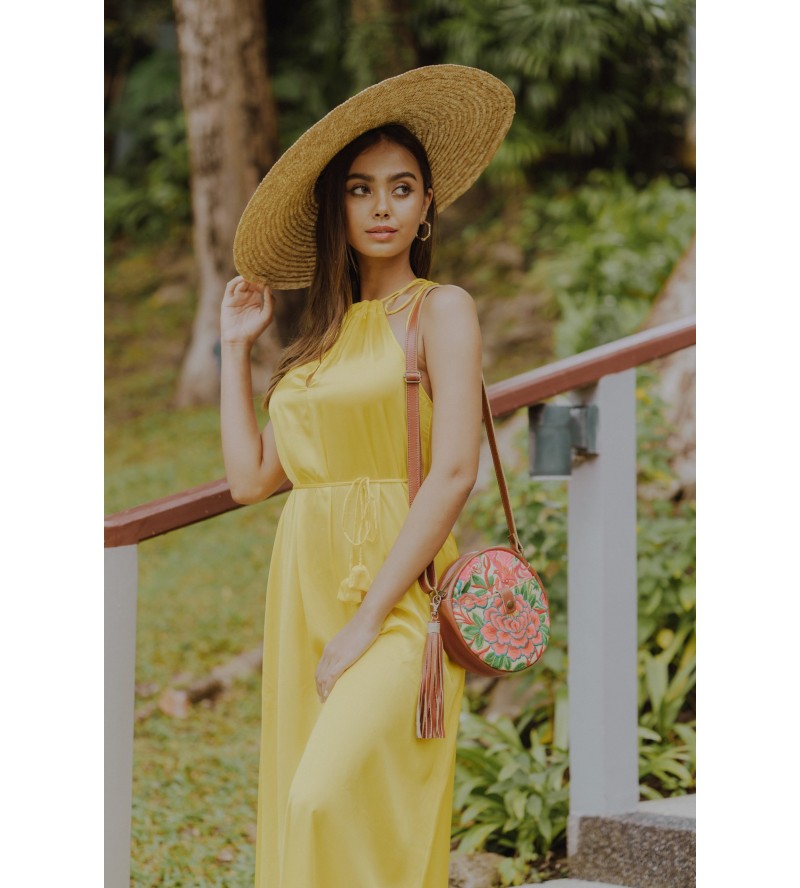 Brown leather embroidered round crossbody bag