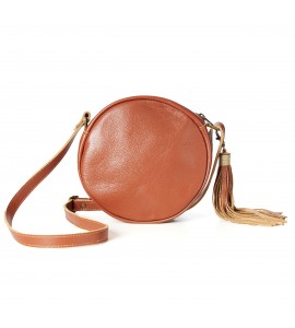 Brown leather embroidered round crossbody bag