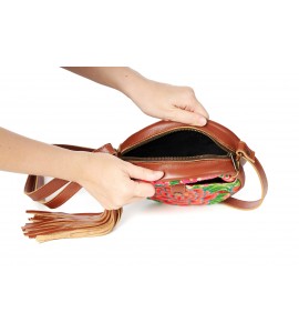 Brown leather embroidered round crossbody bag