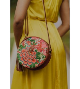 Brown leather embroidered round crossbody bag