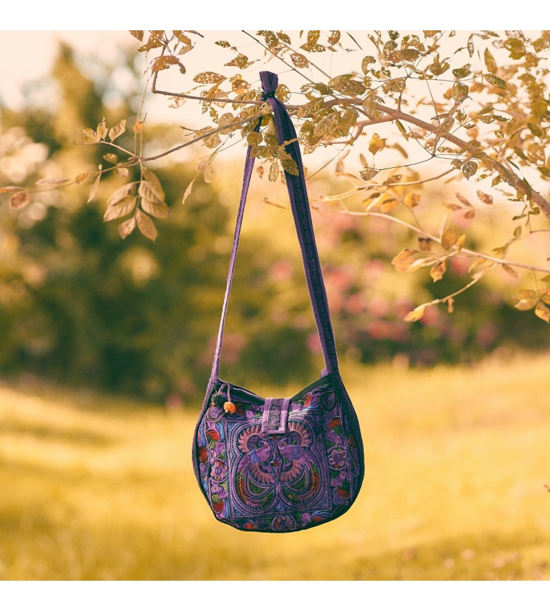 Purple bird embroidered crossbody bag
